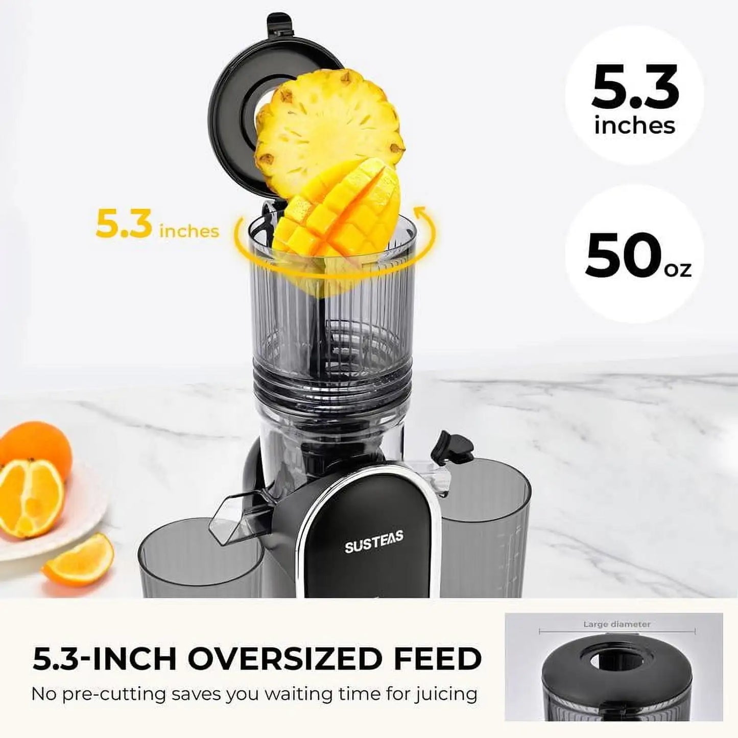 SUSTEAS Cold Press Juicer, 5.3 Inch Large Feed Opening, Slow Masticator Chute, For Whole Vegetables and Fruits, High Yield, Easy
