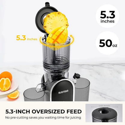 SUSTEAS Cold Press Juicer, 5.3 Inch Large Feed Opening, Slow Masticator Chute, For Whole Vegetables and Fruits, High Yield, Easy